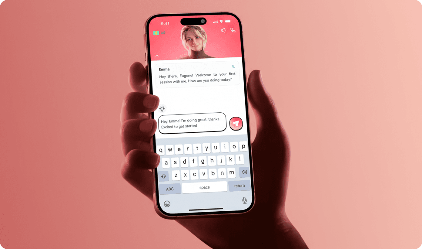 Fluenza app on iPhone - chat interface with Emma