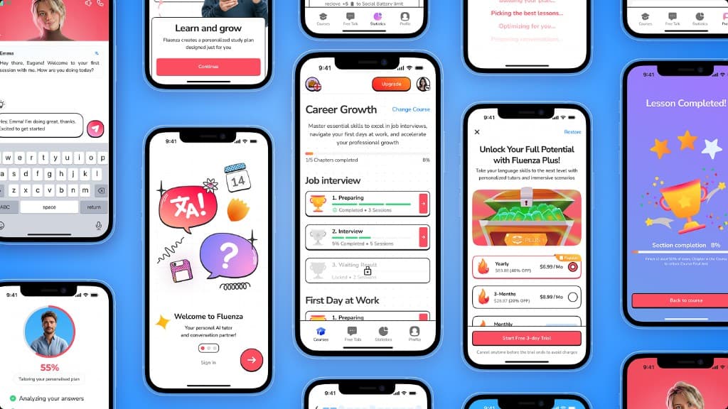 Collage of Fluenza app screens: chat, onboarding, courses, paywall and lesson completion