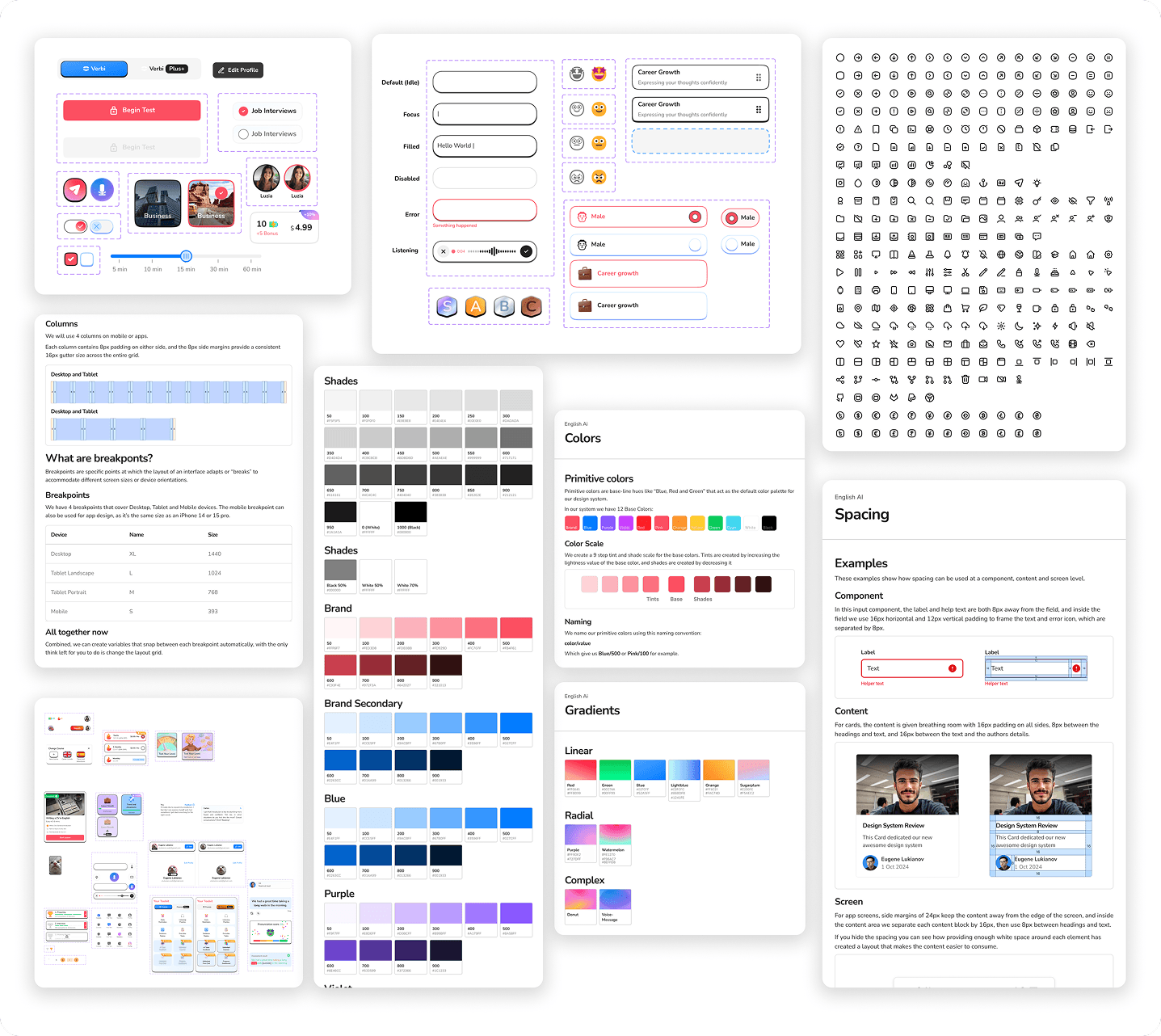 Fluenza design system: components, input states, icons, grid, color scales, gradients and spacing