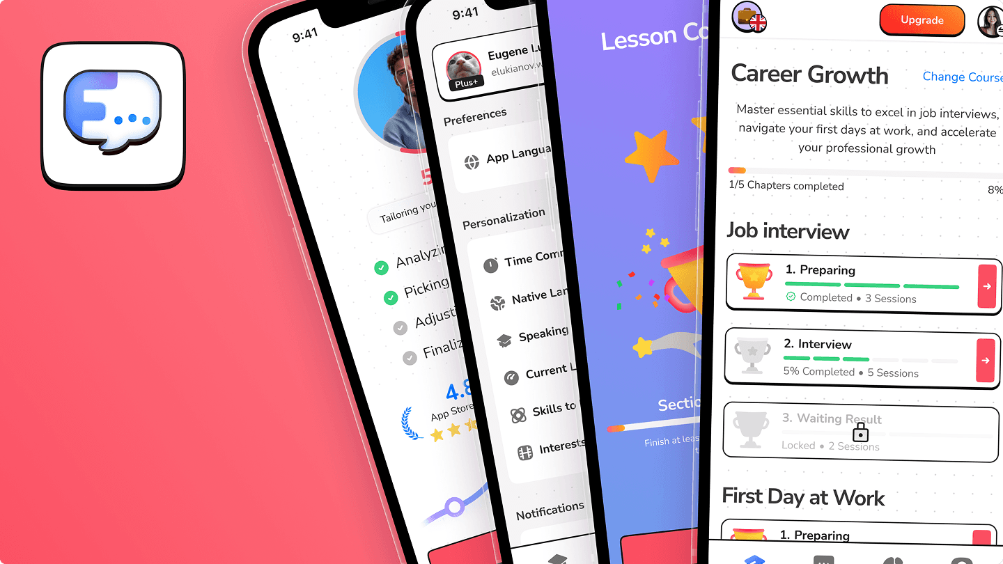 Fluenza app icon and screens: personalization, preferences, lesson completion and Career Growth