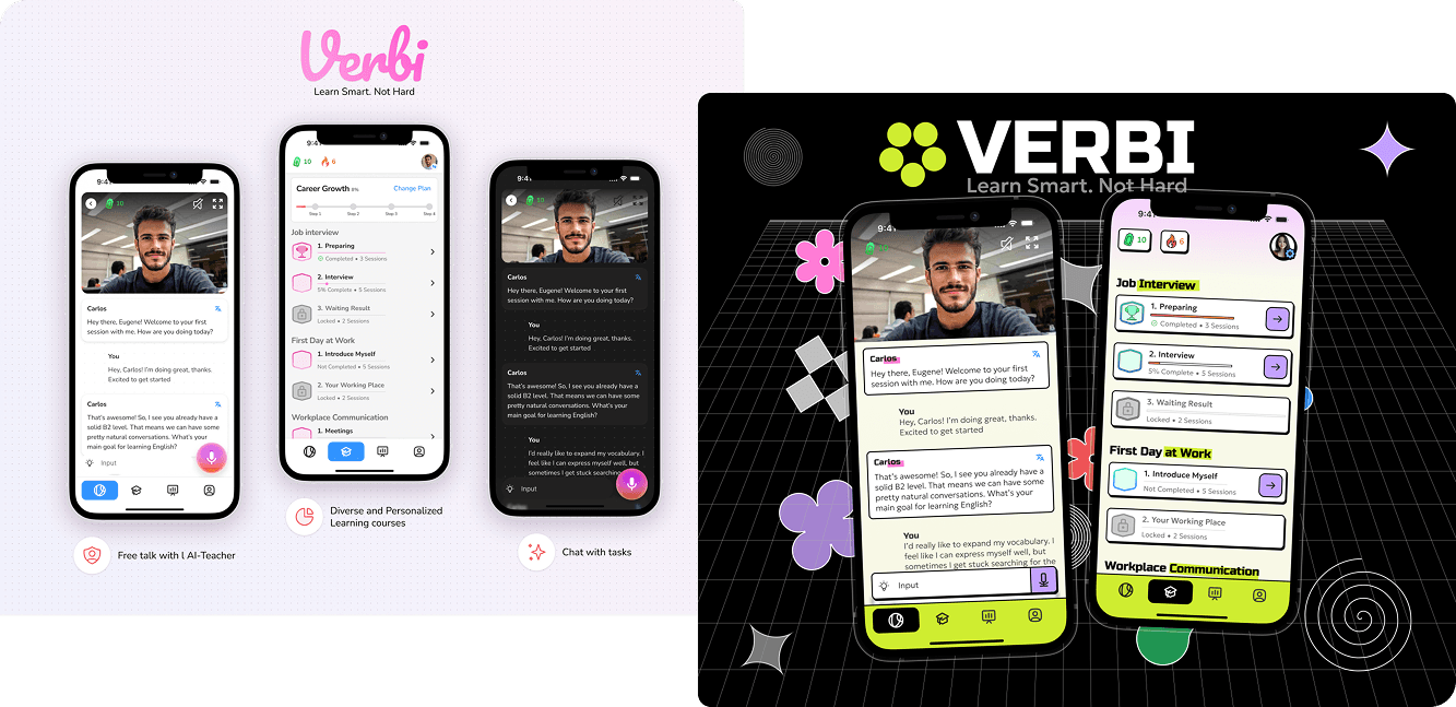 Two early UI directions for Verbi: a clean light version and a loud neobrutalist version