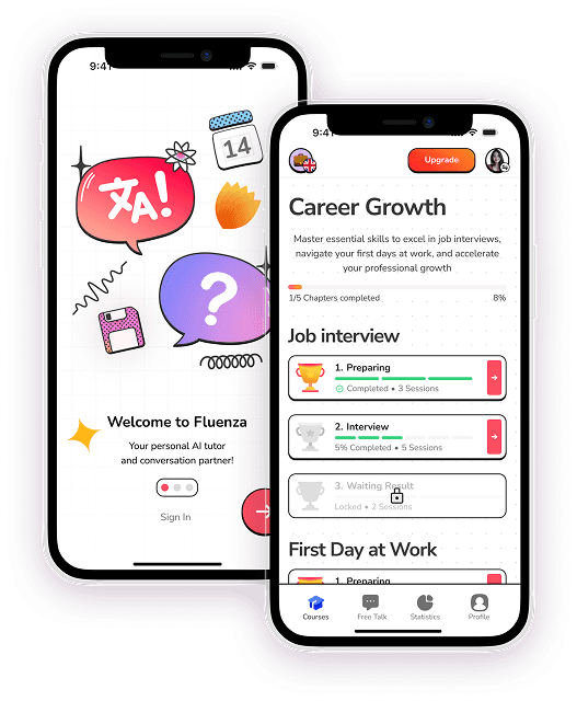 Fluenza welcome screen with illustrated speech bubbles and the Career Growth course screen