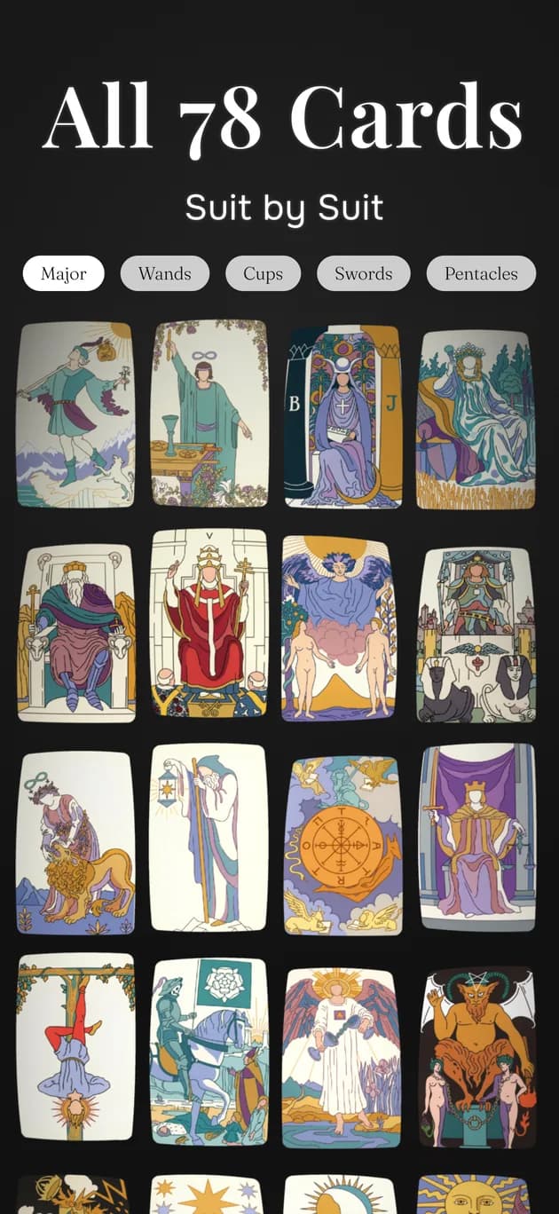 All 78 cards, suit by suit