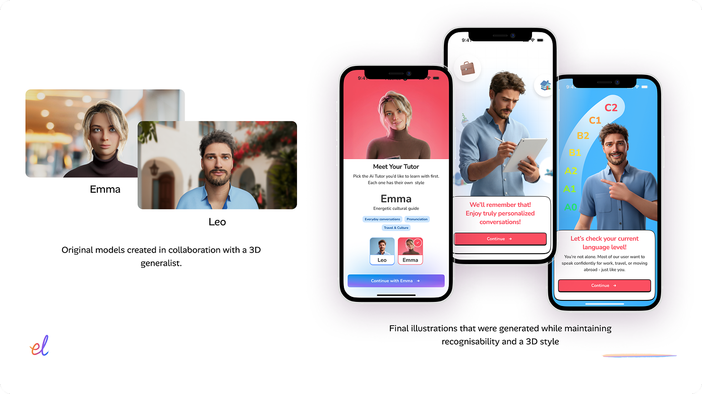 Fluenza app UI — onboarding, preferences, and career growth