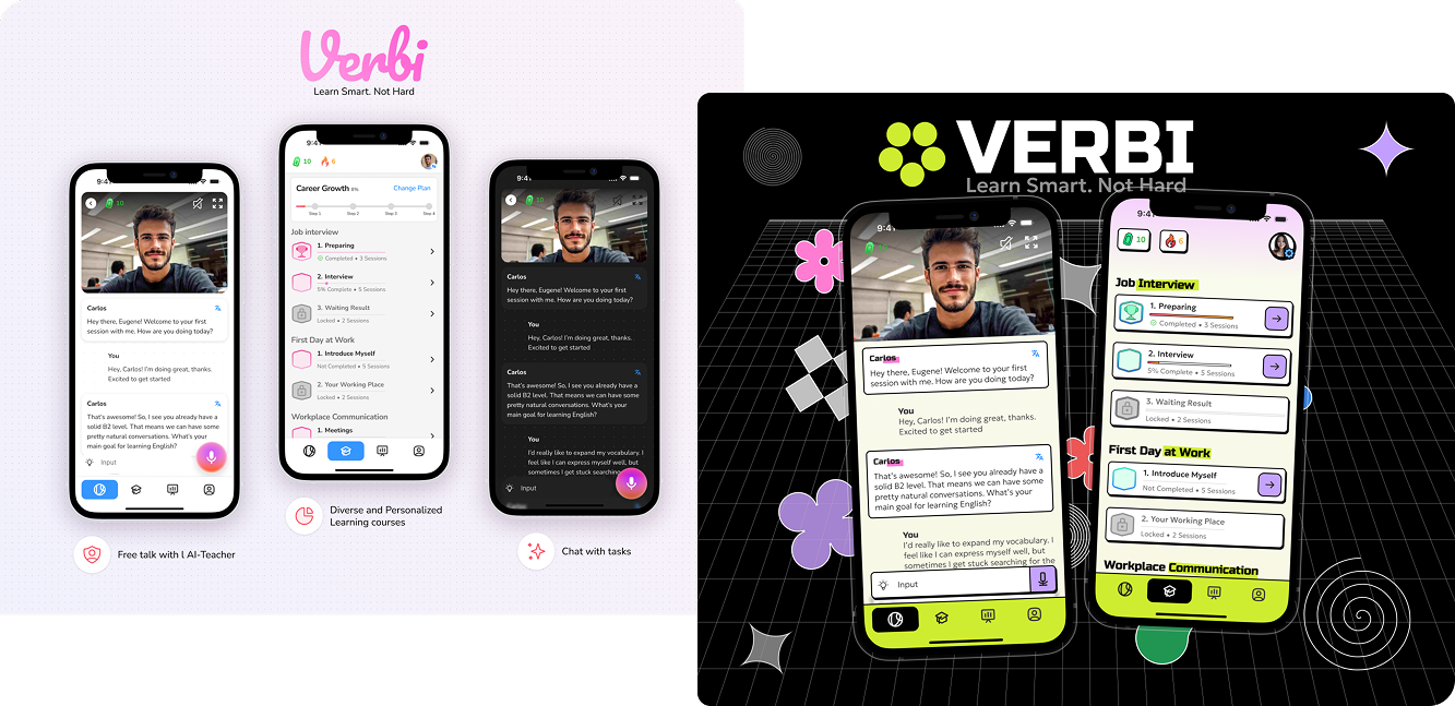 First iterations of UI visuals — Verbi and VERBI neobrutalist