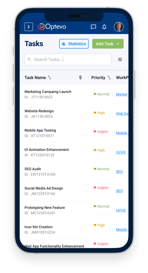 Optevo mobile app — workpods list screen