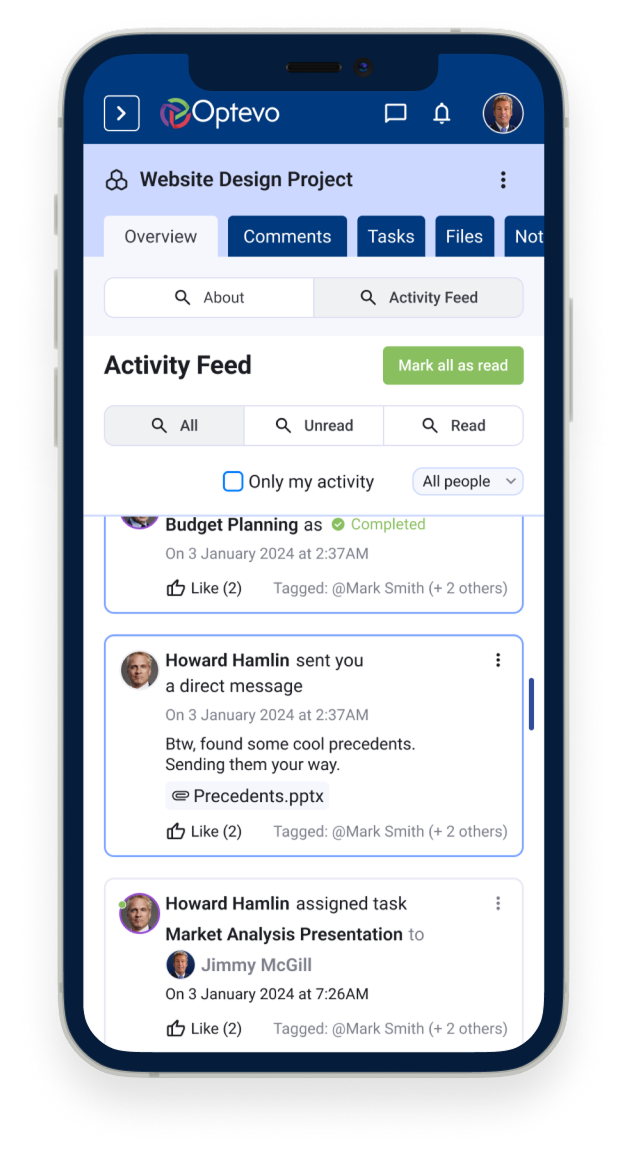Optevo mobile app — dashboard screen