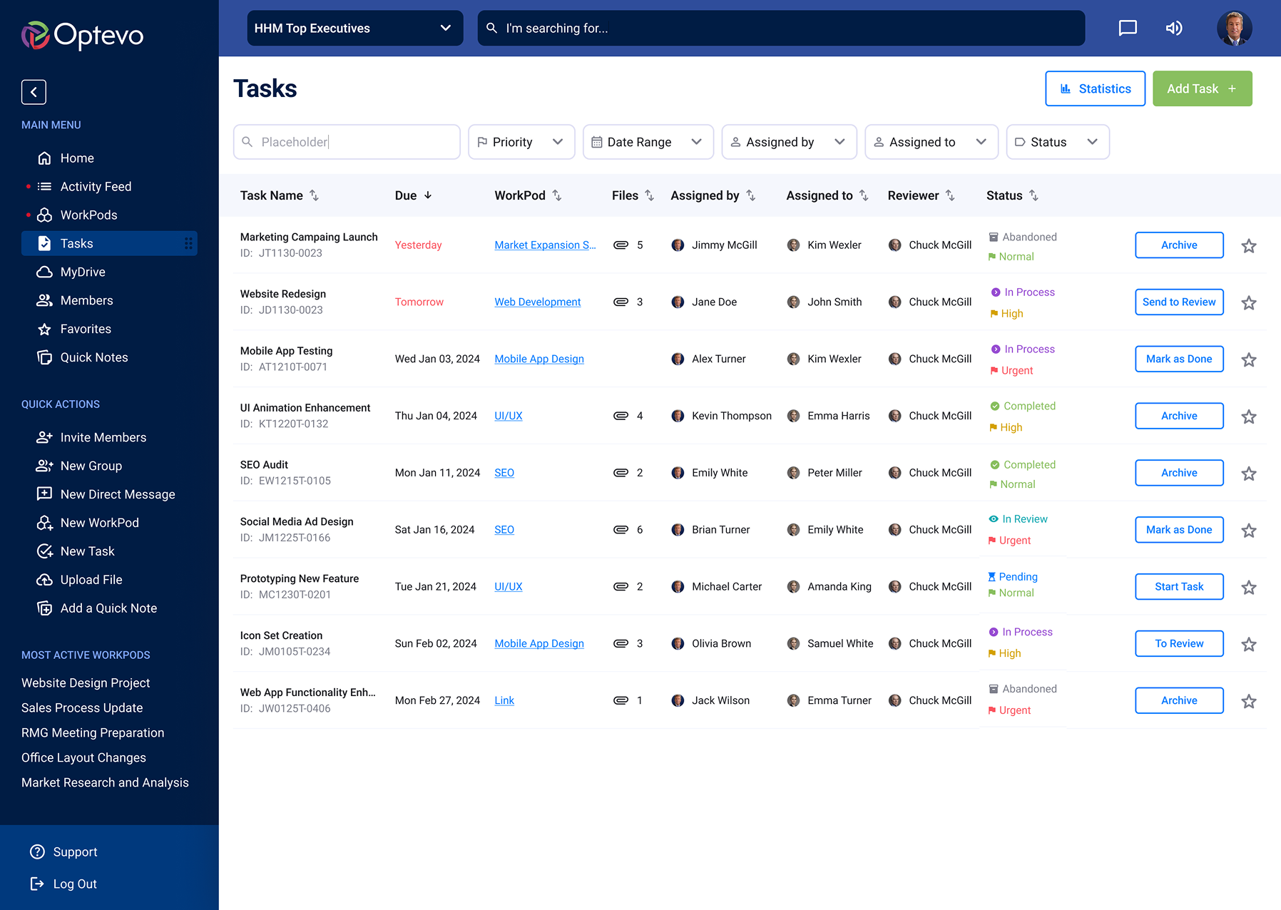 Optevo app task management view
